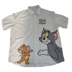 Men's Tom and Jerry Casual Button Down Shirt XXL White Gray